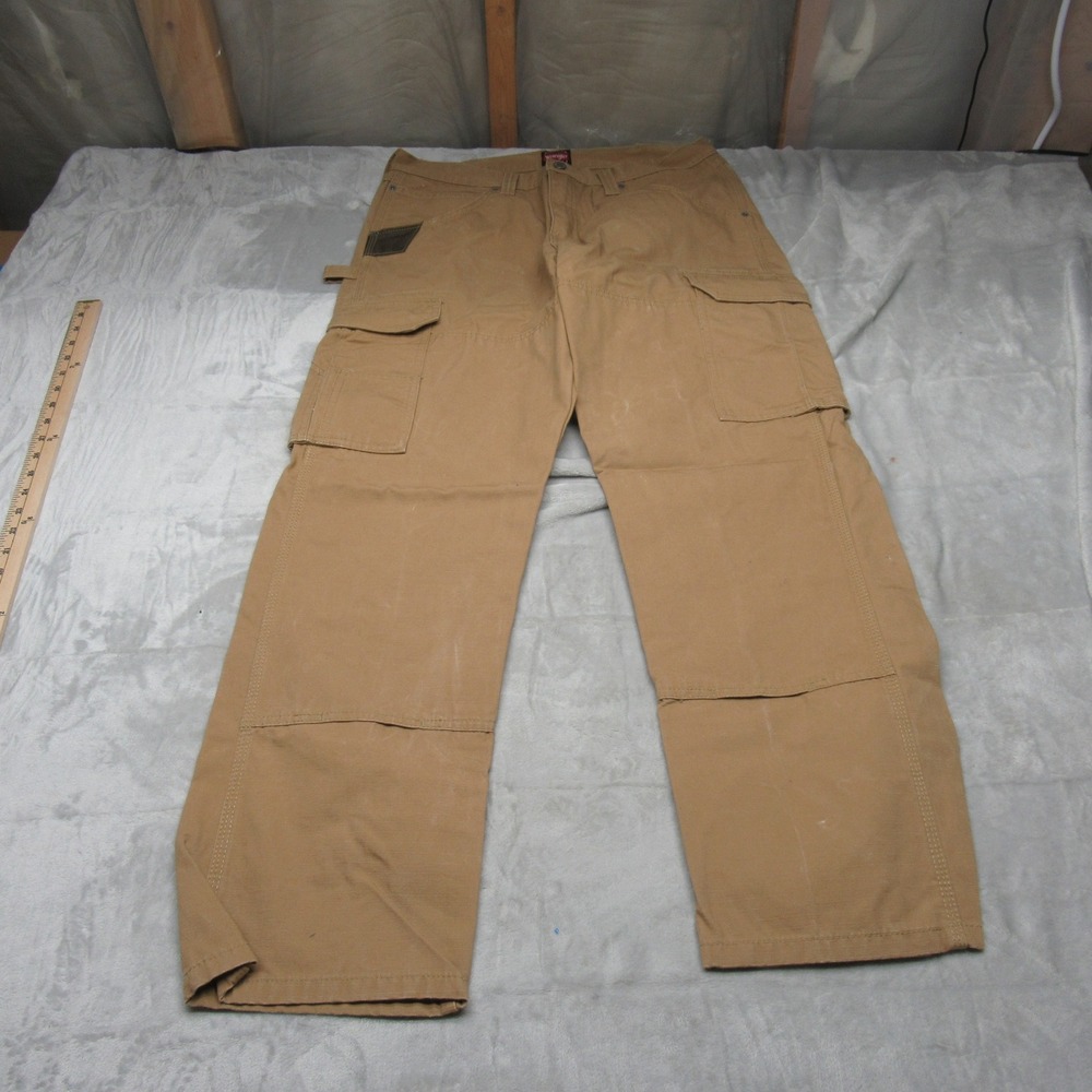 Wrangler Work Pants Men 35x31 Beige Canvas Rugged Ripstop Carpenter Cargo Pocket